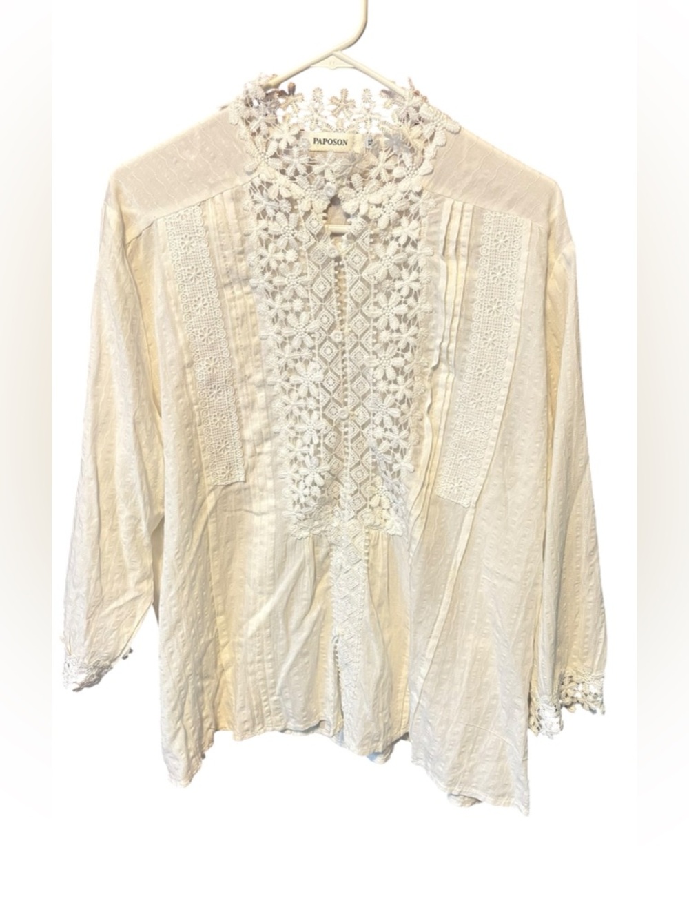 PAPOSON White Lace Crochet Blouse Boho Cottagecore Button Front Size Medium